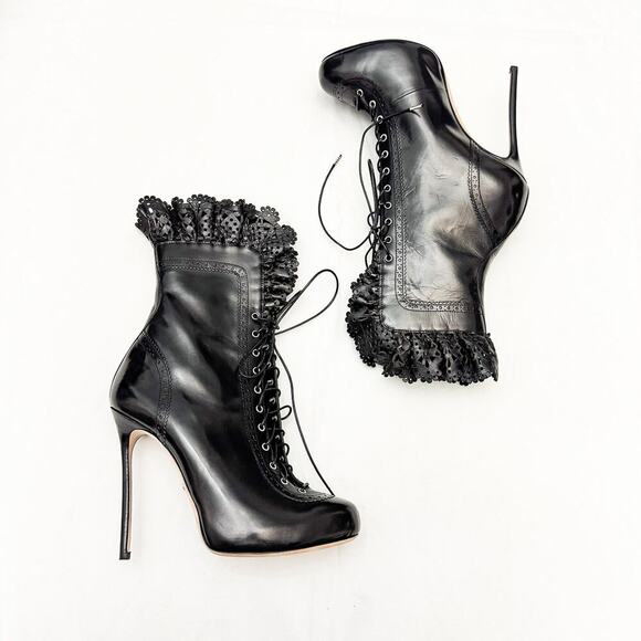 DSQUARED2 Black Witness Lace-up Heel Stiletto Booties Lace Fringe SIze 40 Italy - Picture 6 of 10